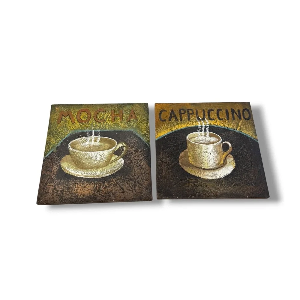 Coffee Wall Art Set Mocha Cappuccino 10x10 Brown 3D Textured Tuscan Kitchen